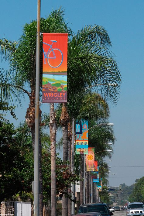 Wrigley Village Street Banners - Long Beach, CA - Ioana Urma Zoo Signage, Exhibition Banners, Los Angeles River, Pole Banners, Street Banners, Village Street, Museum Exhibition Design, Banner Design Inspiration, Wayfinding Design