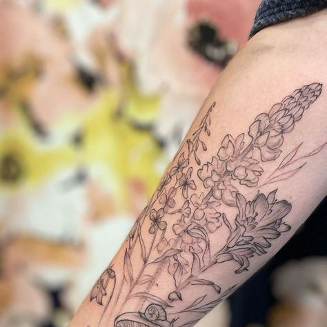 Colorado Wildflowers Tattoo, Lupin Tattoo, Indian Paintbrush Tattoo, Lupine Tattoo, Paintbrush Tattoo, Colorado Tattoo, Colorado Wildflowers, L Tattoo, Wildflower Tattoo