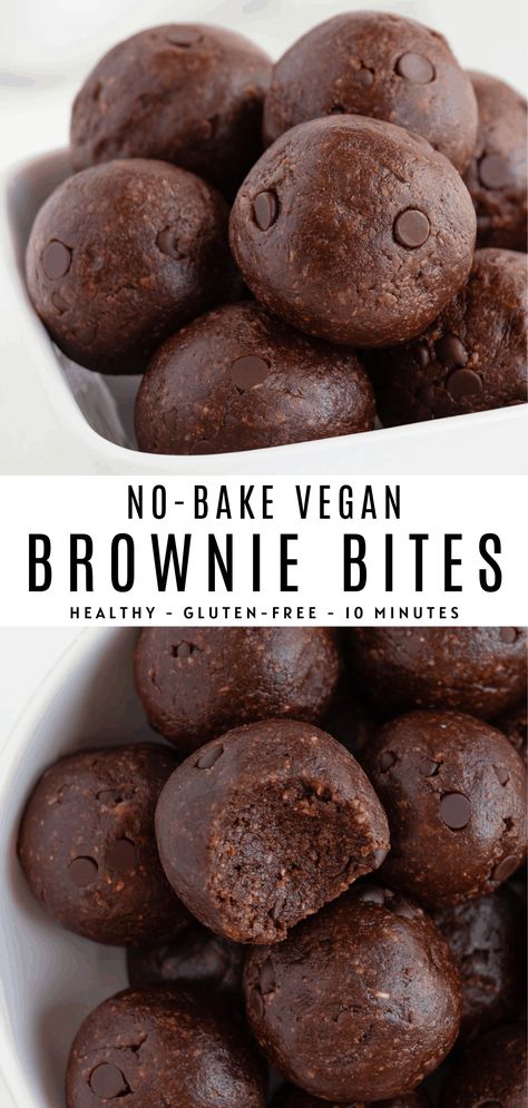 No bake brownie bites are fudgy, vegan, gluten-free, and secretly healthy! These easy 10-minute chocolate energy balls are made with dates, almonds, walnuts, and cacao powder. Perfect for a healthy dessert or post-workout snack! #nobake #browniebites #energyballs #proteinballs #blissballs #energybites #vegan #glutenfree #brownies #rawbrownies No Bake Brownie Bites, Smoothies Vegan, International Desserts, Vegan Snack Recipes, Healthy Sweet Snacks, Brownie Bites, Snacks Saludables, حلويات صحية, Deilig Mat