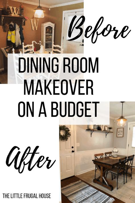 This DIY dining room makeover on a budget is perfect for our small farmhouse home. Check out the before and after to get ideas for your own! Dining Room Makeover On A Budget, Easy Dining Room Makeover, Cheap Dining Room Ideas, Cheap Dining Room Makeover, Mobile Home Dining Room Ideas, Small Dining Room Ideas Farmhouse, Dining Room Ideas On A Budget, Cheap Ways To Update Kitchen, Diy Dining Room Decor