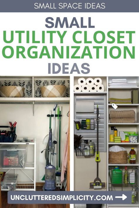 Check out these small space ideas and be inspired to organize your small utility closet! Utility Room Wall Storage Ideas, How To Organize A Storage Closet, Utility Room Cupboard Storage, Laundry Room Utility Closet Ideas, Small Laundry Room Utility Closet, Cleaning Storage Ideas Closet, Laundry Storage Closet Ideas, Small Utility Organisation, Storage For Utility Room