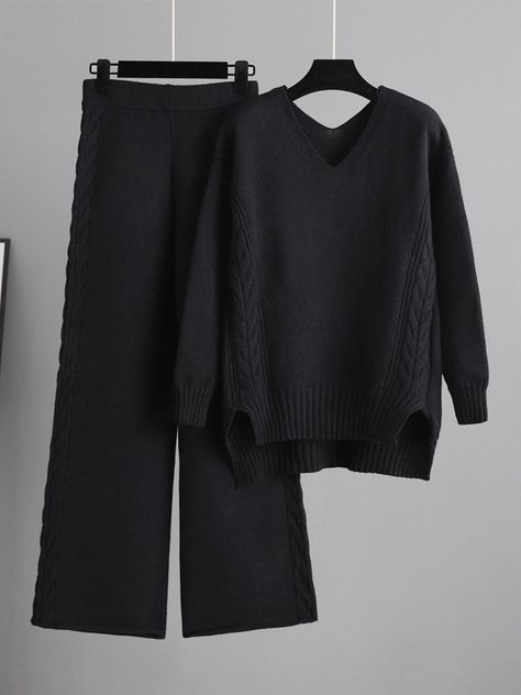 UOOZEE Knit Two Piece Set, Wide Leg Pant Suit, Sweater Tops, Blouse Pants, Easy Trendy Outfits, Cardigan Long, Tracksuit Women, Sweater Set, Casual Style Outfits