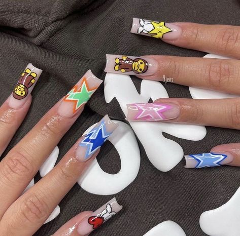 Lil Yatchy Nail Art, Drawn Nail Designs, India Love Nails, Bape Nails Acrylic, Hypebeast Nails, Dope Nail Designs Swag, Cute Freestyle Nails, Supreme Nails, Lsd Nails