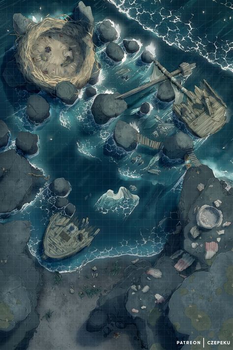 Harpy Cove [34x51] Dnd Shipwreck Map, Dnd Coast Map, Dnd Beach Map, Dnd Ocean Map, Ship Maps Dnd, Dnd Island Map, Ocean Battlemap, Island Battlemap, Saltmarsh Maps