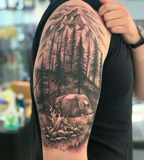 101 Amazing Nature Tattoo Ideas That Will Blow Your Mind! | Outsons | Men's Fashion Tips And Style Guide For 2020 Mens Wilderness Tattoo, Tattoos For Outdoorsman, Forest Tattoo Shoulder, Outdoorsman Tattoo For Men, Tattoo Ideas Camping, Camping Scene Tattoo, Camp Tattoo Ideas, Outdoorsman Tattoo, Camping Tatoo