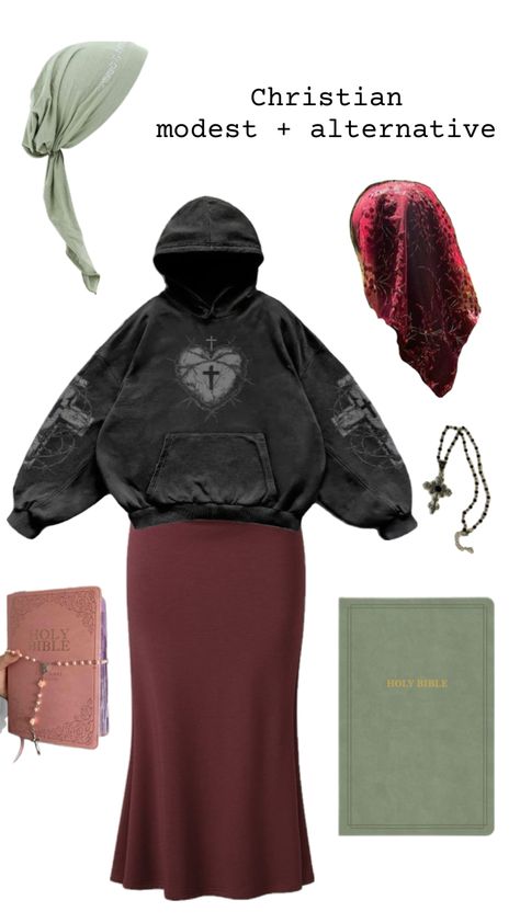 Alternative faith streetwear black oversized hoodie Christian modest fashion outfit y2k cross red long skirt modest Christian veiling and alt headcovering green and red
Catholic Modest Outfit Christian, Alternative Church Outfits, Alt Church Outfits, Alt Modest Outfits, Modest Alt Outfits, Church Aesthetic Outfit, Modest Outfits Christian, Gothic Aesthetic Outfit, Outfit Ideas Alt