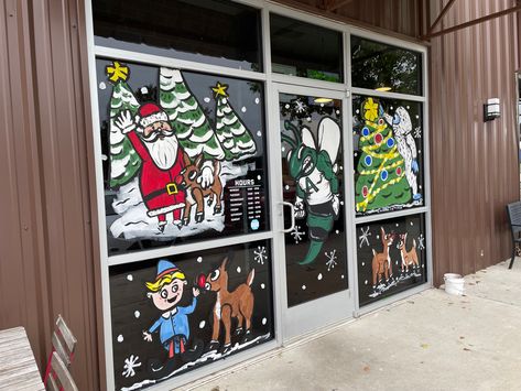 Trees with snow, santa with Rudolph. Snowflakes. Rudolph and hermie. Rudolph and clarice. Bumble the abominable snowman placing star on top of Christmas tree. Rudolph Window Painting, Christmas Window Painting, Preschool Christmas, Rudolph The Red, Christmas Window, Red Nose, Window Art, Window Painting, Christmas Reindeer