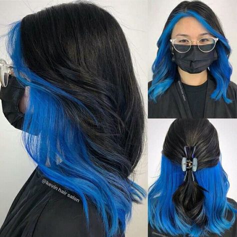 Black Hair Blue Peekaboos, Black N Blue Hair, Vivid Hair Color Ombre, Dark Hair With Blue Underneath, Simple Dyed Hair Ideas, Partially Colored Hair, Underdye Hair Purple, Under Blue Hair, Peak A Boo Hair Dye Ideas