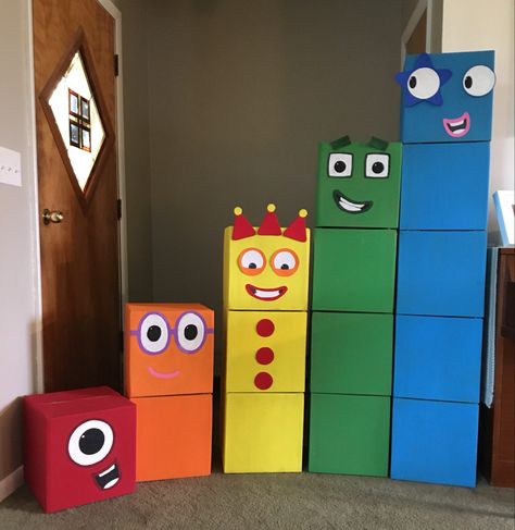 Numberblocks Birthday Party Diy, Number Blocks 1st Birthday Party, Diy Number Blocks Birthday Party, Number Blocks Costume Diy, Number Themed Birthday Party, Alphablocks Birthday Party, Number Blocks Party Ideas, Number Blocks Cookies, Number Blocks Costume