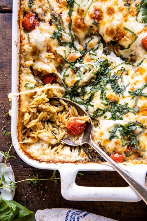 Easiest One Pan Caprese Pesto Orzo Bake | halfbakedharvest.com Half Baked Harvest Recipes Orzo, Baked Harvest Recipes, Half Baked Harvest Vegan Recipes, Pasta Recipes Half Baked Harvest, Casserole Recipes Half Baked Harvest, Half Baked Harvest Lasagna Soup, Half Baked Harvest Casserole, Half Baked Harvest Orzo Bake, Half Baked Harvest Casserole Recipes