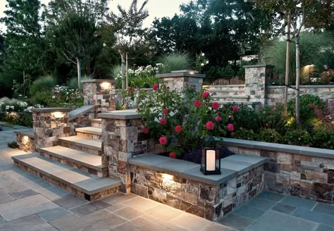 Illuminate | J. Montgomery Designs | Architects Portfolio | Since 1974 Architects Portfolio, Sloped Backyard Landscaping, Traditional Staircase, Sloped Yard, Sloped Backyard, Landscaping Retaining Walls, Backyard Fireplace, Hillside Landscaping, Deck Designs Backyard