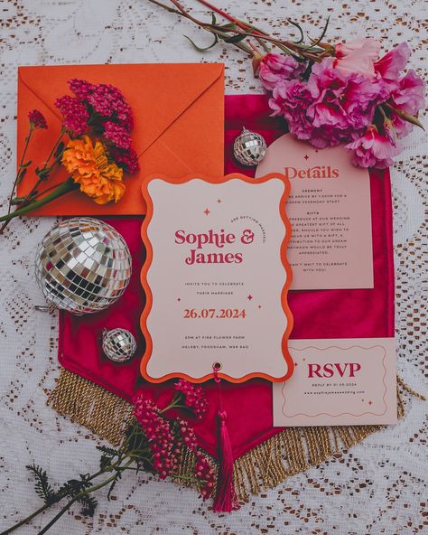 Neutrals not your thing? Bright and bold is here and I'm all for it! 🩷🧡❤️ Any of your suites can be customised if you're looking to inject some bold colour or just to customise to match your wedding palette perfectly. This was a twist on our Nova invite suite for the shoot ✨ Each design suite has it's own page on my website lucymarchdesign.com and if you scroll the page you can see some standard colour variations - if something isn't there, just let me know and I'll do my best to make your v... Funky Wedding Color Palette, Retro Wedding Party, Bright And Bold Wedding, Bold Invitation Design, Bright Weddings, Bright Colour Wedding, Wedding Colour Schemes Autumn, Wedding Invite Website, Bright Beach Wedding