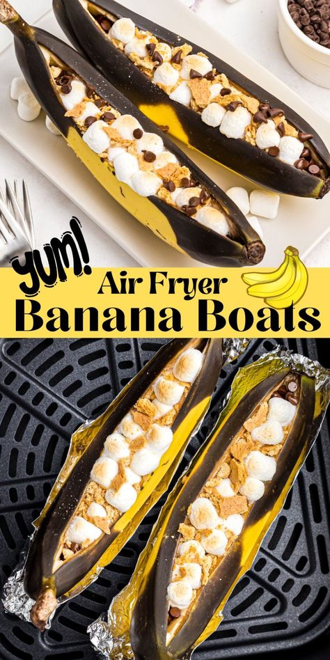 Grilled Banana Boats, Banana Boat Recipe, Air Fryer Desserts, Air Fryer Banana, Boat Snacks, Banana Boats, Air Fryer Recipes Dessert, Air Fryer Recipes Snacks, Air Fryer Recipes Vegetarian