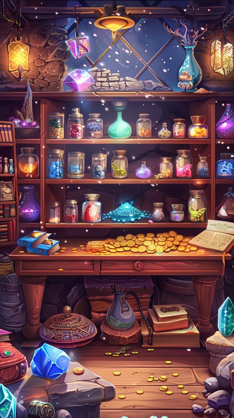 #CrystalQuest #MagicalShop #MobileGame #MysticalItems #EnchantedArtifacts #Treasures #WoodenShelves #Potions #SpellBooks #AncientRelics #GoldCoins #SilverBars #AmbientLighting #MagicalRunes #Immersive #Enchanting #Fantasy #9:16AspectRatio #TheCandie Magical Room Concept Art, Potion Room Aesthetic, Fantasy Magic Shop, Magic Shop Aesthetic, Magical Atelier, Fantasy Bar, Potions Lab, Mystical Items, Wizard Room