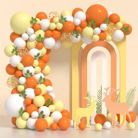 "💛PACKAGE:💛The little cutie balloons garland includes 113 pcs orange white yellow confetti balloons, including 5\" (orange balloons 10, white balloons 10, yellow balloons 10), 12\" (orange balloons 20, white balloons 20, yellow balloons 20, confetti balloons 5 ), 18\" (orange balloons 1, white balloons 1, yellow balloons 1), Artificial Leaves 15pcs. With glue point *100, balloons strip*1. It's sure to satisfy you to dress up a little cutie birthday party decorations. 💛HIGH QUALITY MATERIAL:💛 Yellow White Balloon Garland, Balloon Thanksgiving, Fall Balloons, White Balloon Garland, Yellow Confetti, Fruit Birthday Party, Balloon Wreath, Fest Temaer, Fruit Birthday