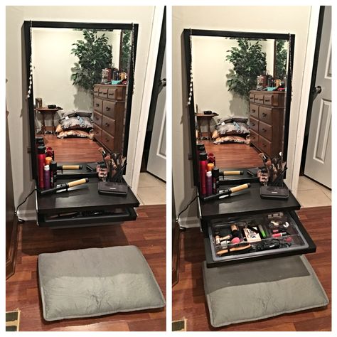 Floor vanity. I do my hair and makeup seated on the floor everyday. This is a simple Elfa system from the container store that I used to create a vanity. Vanity Redo, Diy Makeup Organizer, Diy Makeup Vanity, Makeup Organization Diy, Makeup Organization Vanity, Diy Vanity, Bedroom Vanity, Trendy Makeup, Diy Flooring