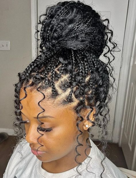 16 Trendy Knotless Braids With Curly Ends – HairstyleCamp Braids With Knots At The End, Goddess Braids In A Bun, Medium Knotless Braids With Curly Ends, Messy Bun With Braids, Short Knotless Braids With Curly Ends, Knotless Braids With Curly Ends, Knotless Braids With Curls, Short Knotless, 2 Buns