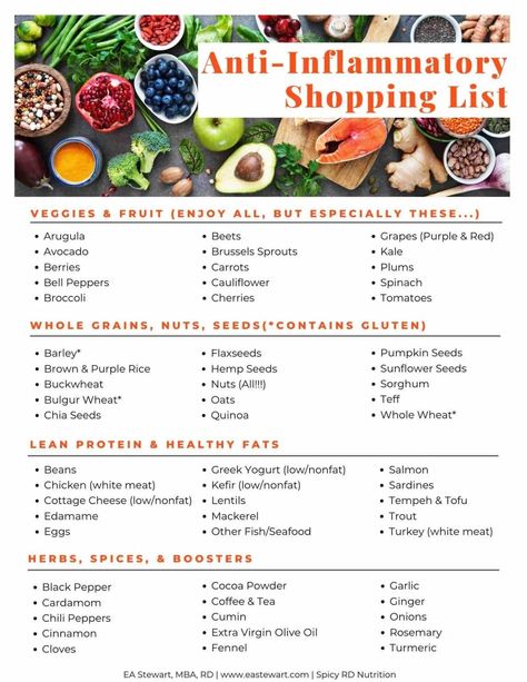 Top Anti-Inflammatory Foods List & Free Shopping Guide Anti Inflammation Seasoning, Antinflammatory Foods, Inflamatory Foods, Ways To Reduce Inflammation, Inflammation Diet Recipes, Inflammation Foods, Simple Eating, Anti Inflamatory, Anti Inflammation Recipes