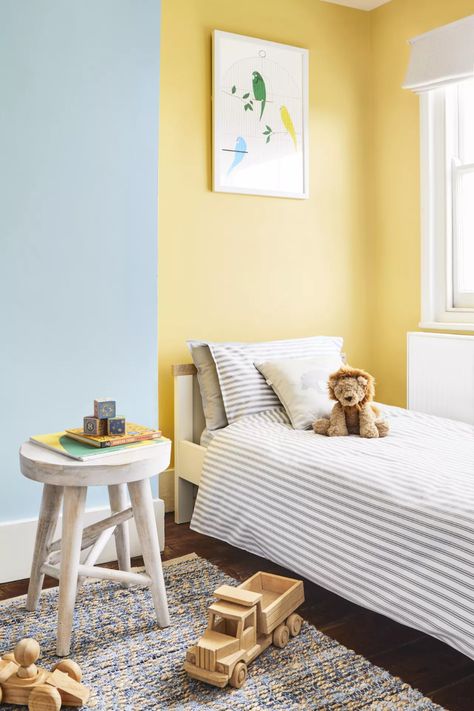 Yellow Nursery Paint Colors, Yellow Boys Room, Yellow Kids Bedroom, Mylands Paint, Yellow Kids Rooms, Yellow Nursery Decor, Nursery Paint Colors, Modern Paint Colors, Yellow Nursery