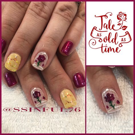 Beauty And The Best Nail Designs, Beauty And Beast Nail Ideas, Beauty Beast Nail Designs, Disney Beauty And The Beast Nails, Beauty Beast Nails, Beauty And The Beast Rose Nails, Beauty And The Best Nails, Beauty And Beast Nails Art Ideas, Disney Nails Beauty And The Beast