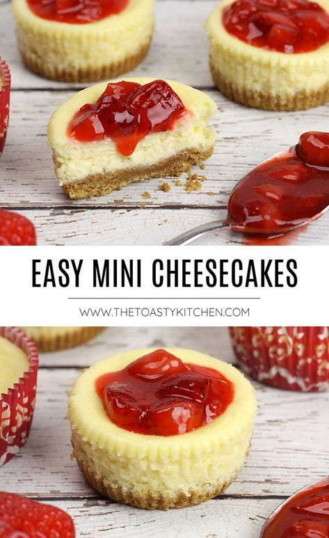 Easy Mini Cheesecakes recipe - by The Toasty Kitchen Mini Cheesecakes are an easy dessert to make from scratch. These single serving cheesecake cupcakes are rich and creamy, with a graham cracker crust. #cheesecakes #cheesecake #minicheesecakes #cheesecakecupcakes #cupcakes #strawberrytopping #easydessert #dessert #recipe #dessert Easy Mini Cheesecakes, Mini Cheesecakes Recipe, Easy Mini Cheesecake Recipe, Mini Cheesecakes Easy, Homemade Cherry Pies, Dessert To Make, Mini Cheesecake Recipes, Make From Scratch, Cheesecake Cupcakes