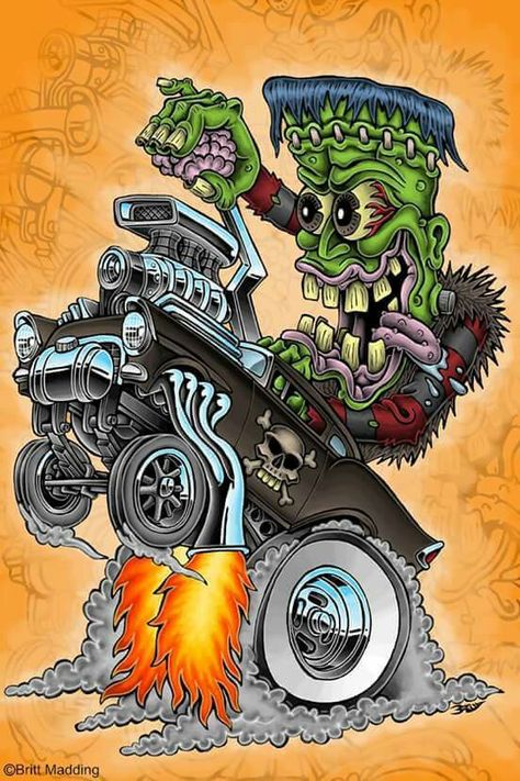 Frankenstein Ed Roth Art, Frankenstein Art, Fu Dog, Cool Car Drawings, Rat Fink, Rat Rods Truck, Garage Art, Car Cartoon, Car Drawings