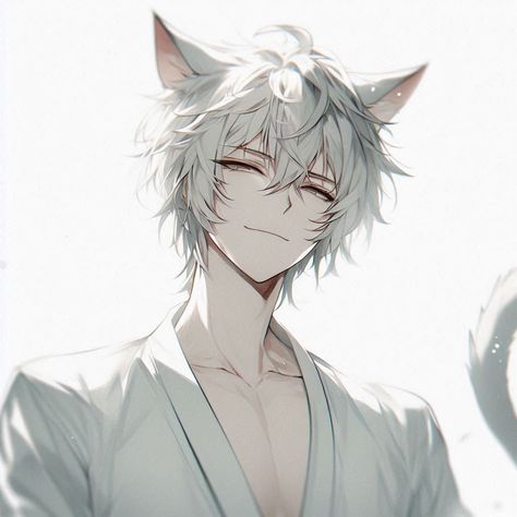 Wolf Anime Boy, Cat Boy Oc, Cat Boy Aesthetic, Anime Wolf Boy, Male Kitsune, Cat Hybrid, Boy With White Hair, Anime Cat Boy, Hybrid Cat