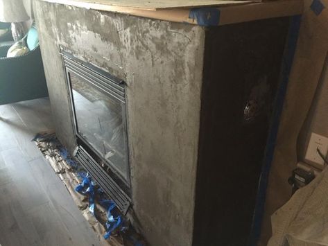 Smooth Concrete Look Fireplace Refinish. Concrete Look Fireplace, Drink Shaker, Smooth Concrete, Bottle Drink, The Crucible, Farmhouse Fireplace, Drywall Screws, Carriage Bolt, Milk Shake