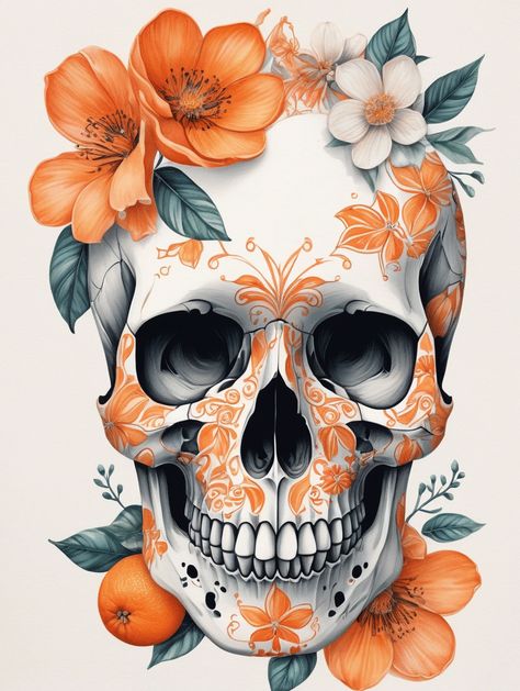 🍊 artwork Halloween Flowers Drawing, Skull Illustration Artworks, Candy Skull Art, Skulls With Flowers, Sugar Skull Art Drawing, Orange Drawing, Skull Artwork Illustrations, Colorful Skull Art, Orange Artwork