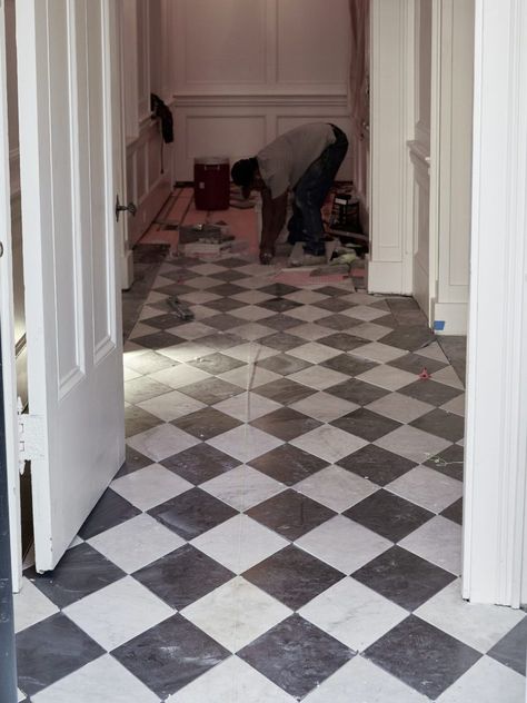 Antique Black and White Marble | Stone flooring Black And White Marble Floor Kitchen, Black White Kitchen Floor, Checker Tile Floor, Black And White Stone Floor, Natural Stone Checkerboard Floor, Diamond Tile Floor, Black And White Checkered Floor Entrance, Black And White Marble Checkered Floor Bathroom, Black And White Checkered Floor Foyer