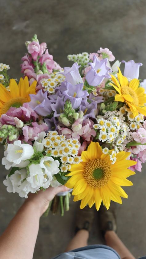 Favorite bouquet of the year! Garden grown goodies: Canterbury bells, feverfew, snapdragons, stock, yarrow, and sunflowers 😊 Here’s to a… | Instagram Cut Garden Bouquet, Feverfew Bouquet, Bouquet Of Flowers Birthday, Feverfew Flower, Pretty Flower Arrangements, Spring Bouquet Flowers, Cut Flower Bouquet, Wedding Bouquet Spring, Biology Project