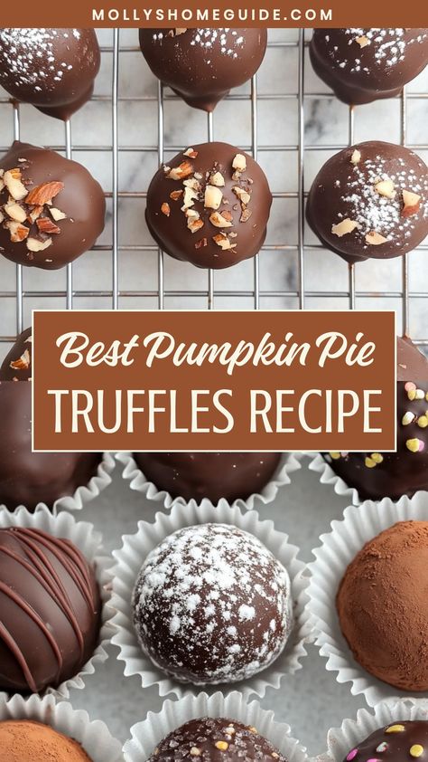 Indulge in the delightful flavors of fall with these easy-to-make pumpkin pie truffles. These rich, creamy treats are perfect for satisfying your sweet tooth cravings or for sharing at festive gatherings. With a blend of pumpkin and spice coated in decadent chocolate, these truffles will surely be a hit with friends and family. Enjoy the taste of homemade pumpkin pie in each bite without all the hassle of baking. Pumpkin Truffles Recipe, Pumpkin Pie Oreo Balls, Pumpkin Pie Balls From Leftover Pie, Fall Truffles, Pumpkin Pie Balls Dipped In Chocolate, Pumpkin Pie Cheesecake Truffles 12 Tomatoes, Pumpkin Spice Oreo Truffles, Pumpkin Spice Cake Truffles, Pumpkin Spice Mousse Recipe