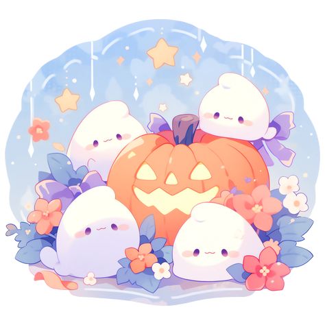 Cute Kawaii Halloween Scene Pumpkin and Ghosts Happy Sticker. Happy Halloween Anime Art, Cute Art Halloween, Cute Halloween Artwork, Halloween Wallpaper Kawaii, Kawaii Ghost Drawing, Kawaii Halloween Decor, Cute Pumpkin Art, Halloween Cute Art, Halloween Cute Drawings