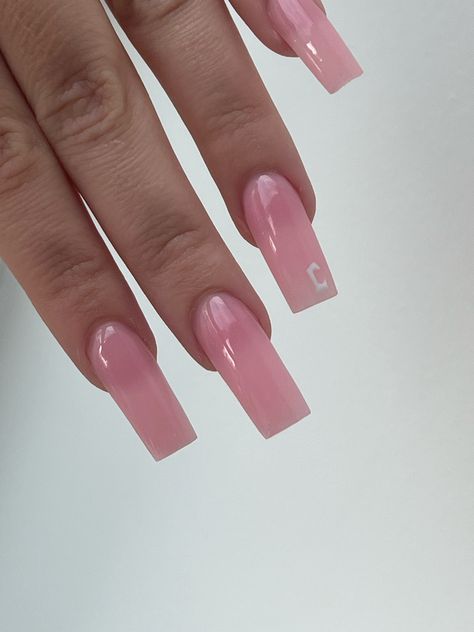 Secret Initial Nails, Nails W C Initial, Simple Acrylic Nails With Initials, Mail With Initial, Rhinestone Initial Nails, Hidden Letter Nails, Pink Nails W Initial, Nails C Initial, Nails With His Initials Pink