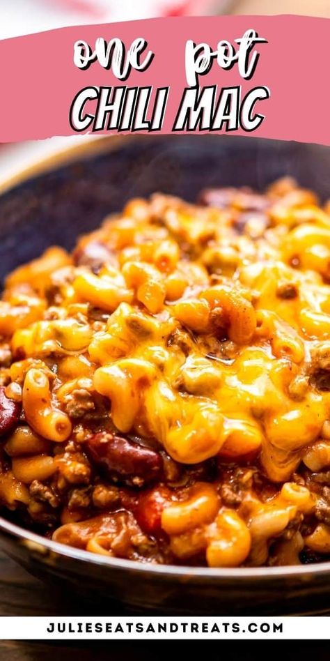 One Pot Chili Mac is a quick and easy dinner recipe the entire family will love. The perfect combination of your favorite chili recipe and mac and cheese! Ready in about 30 minutes! Chili Mac And Cheese Soup, Mac And Cheese Chilli Recipe, Cheddar Chilli Mac, Mac And Chili Recipe, Chili With Spaghetti Sauce, Ground Beef Chili Mac, Mac And Cheese Chili Recipe, Chili Mac And Cheese Casserole, Best Chili Mac Recipe