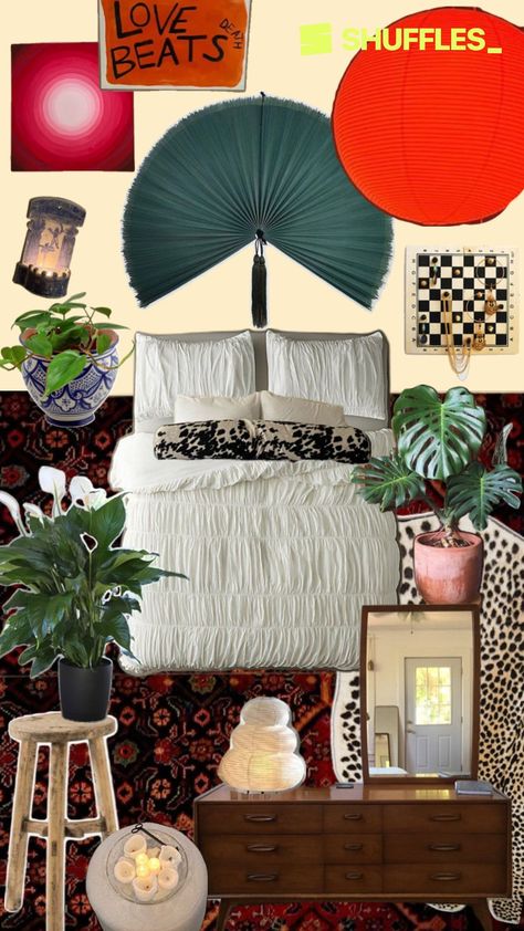 Mid century modern inspired dark moody eclectic boho checkered plants paper lantern white bedding aesthetic collage bedroom inspiration Dark Moody Eclectic, Bedroom Inspo Dark, White Bedding Aesthetic, Moody Eclectic Bedroom, Dark Mid Century Modern, Moody Eclectic, Boho Bedroom Aesthetic, Eclectic Mid Century Modern, Modern Eclectic Bedroom