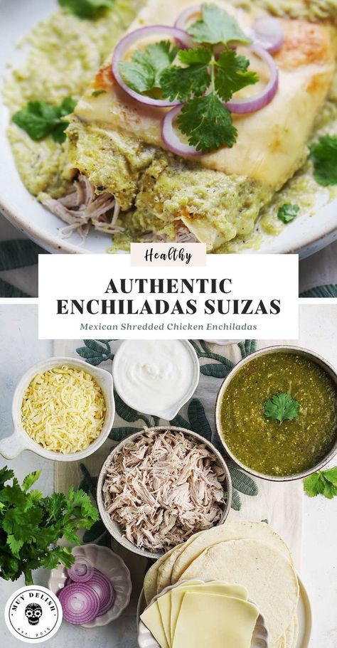 Enchiladas Suizas are corn tortillas stuffed with shredded chicken, bathed in a creamy green sauce and covered with cheese. A simple dish; however, there is something about Enchiladas Suizas that makes them irresistible! So much so that it is rare to find a Mexican restaurant that does not offer them on the menu. 😋🌿🌺🌮 Half Baked Harvest Chicken Enchiladas, Real Mexican Enchiladas, Essen, Enchilada Suizas Recipe, New Mexican Enchiladas, Traditional Chicken Enchiladas, Creamy Avocado Chicken Enchiladas, Enchiladas Chicken Suizas, Restaurant Chicken Enchiladas