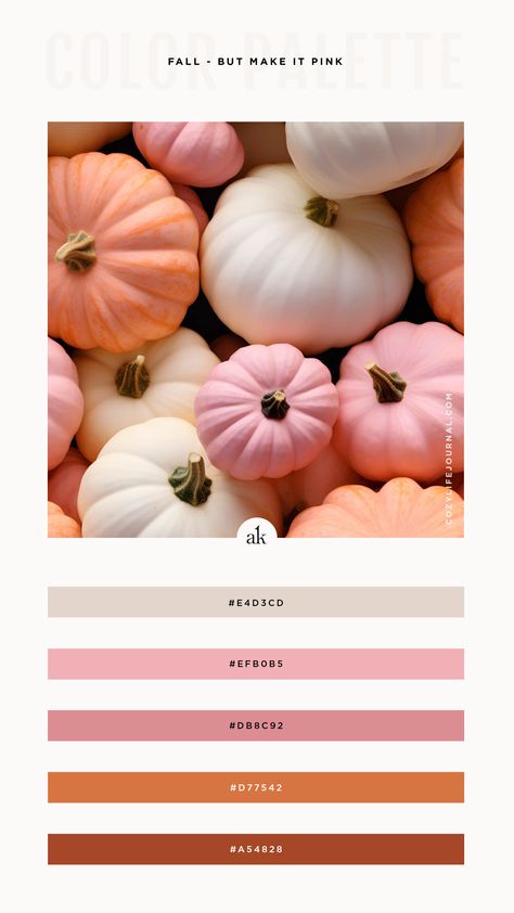 I love non-traditional holiday color palettes, so it’s no surprise I’m into cute pink pumpkins! This week’s mix of light, creamy beige, peachy pumpkin orange, dusty rose, and cinnamon brown is inspired by CozyLifeJournal’s fall wallpaper background. Whether you’re dreaming up a women’s beauty brand or planning a Ghoul’s Night In, I hope you can find a fun way to use it! CLICK FOR FREE COLOR SHEET! 70s Neutral Color Palette, Pink Fall Palette, Purple Fall Palette, Fall Color Palette With Pink, Fall Pink Color Palette, Pastel Autumn Color Palette, Pastel Fall Color Palette, Autumnal Color Palette, Pink Fall Color Palette