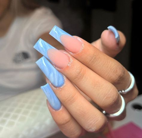 French Tip Sky Blue 1.5 Inch, Blue French Tip Nails With Accent Nail, Matte Blue French Tip Nails, Short Nail Blue French Tip, Sky Blue French Tip 1 5 Nails, Medium Square Acrylic Nails Simple Blue, Light Blue Nails No Design, Coffin Acrylic Nails Light Blue, Acrylic Nail Designs Blue And White