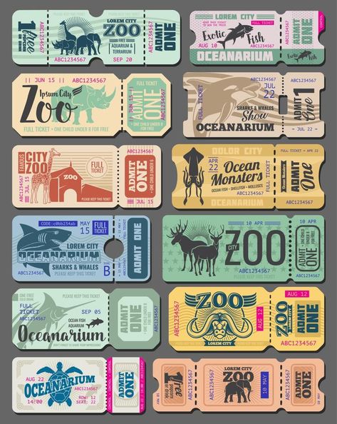 Vector vintage tickets of zoo animals and fish Admit Ticket, Ocean Monsters, Zoo Tickets, Vintage Tickets, Fish Illustrations, Disney Big Hero 6, African Giraffe, City Zoo, Vintage Ticket