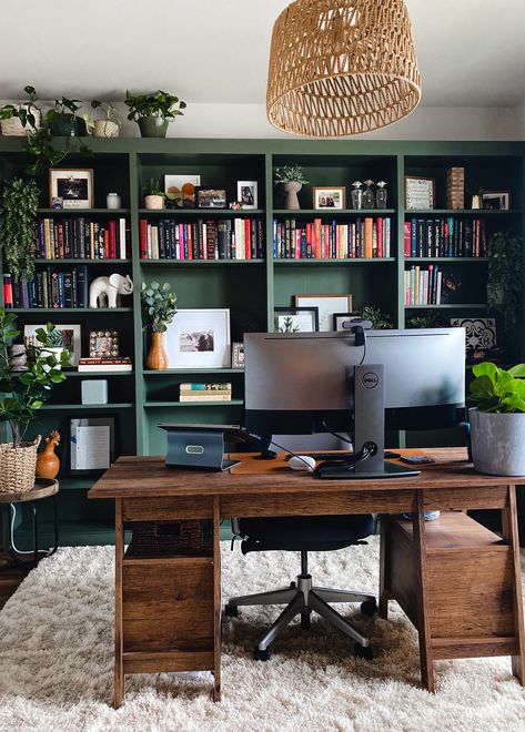 From Billy Bookcases to this “built in” office unit. Green office. Boho chic office. Front room green office built ins. Wood ans green tone office. IKEA Billy book case built ins. Realistic and cheap built ins. Pristine Wilderness by Shermin Williams Emerald Green Study Room, Small Office Ideas With Bookshelves, Bookshelves In Office Study, Bookshelf In Home Office, Dark Green Bookshelf Aesthetic, Office Plaque Design, Office With Two Bookshelves, Green Bookcase Living Room, Emerald Green Bookcase