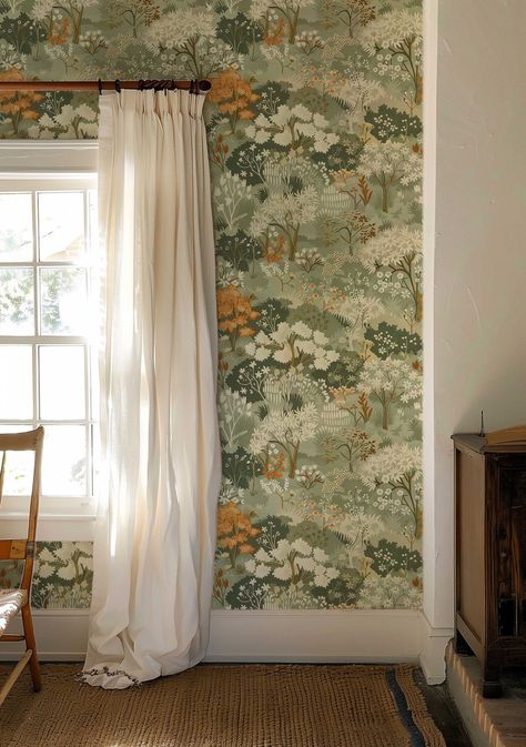 Inspired by Nature!  🌿✨ Transform your space into a charming English countryside retreat with our enchanting Peel and Stick wallpaper!  Featuring a delightful blooming tree pattern in earthy yellows, greens, oranges, and browns, this design embodies the cozy elegance of cottage core style. Whether you choose our easy self adhesive option or the classic traditional wallpaper, you'll infuse your room with the warmth of a lush garden in full bloom.  🌳🌼 Perfect for any living room, bedroom, or nu Cottage Core Bedroom Wallpaper, Earthy Bedroom Wallpaper, Light And Airy Wallpaper, Cottage Core Basement, Cottage House Decor Interiors, Vaulted Ceiling Wallpaper, Green Wallpaper House, Modern Cottage Core House Interior, Bungalow Wallpaper