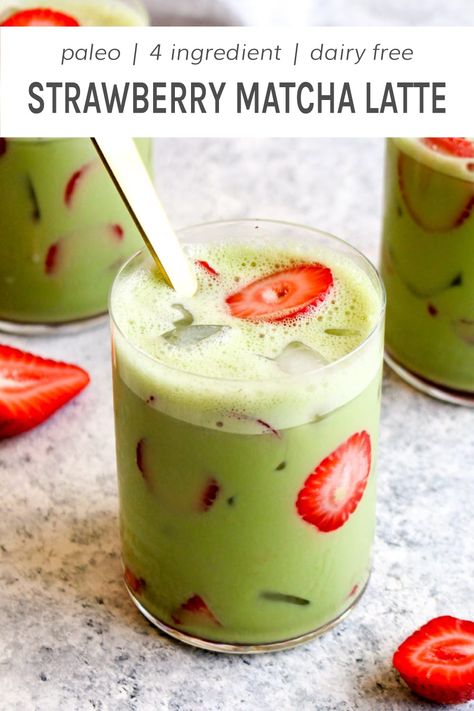 Sip on this Iced Strawberry Matcha Latte! Infused with berry flavor, sweetened with honey, made with dairy free milk and full of lasting non-jittery green tea energy! This tea latte is paleo, healthy, and requires just four ingredients - matcha powder, almond or coconut milk, honey, and strawberries! #matchalatte #icedmatcha #matcharecipe #strawberrymatcha #tealatte | DarnGoodVeggies.com What To Make With Matcha Powder, Latte Flavor Ideas, Iced Strawberry Matcha Latte, Strawberry Matcha Latte, Matcha Tea Recipes, Matcha Drink Recipes, Strawberry Matcha, Matcha Latte Recipe, Green Tea Recipes