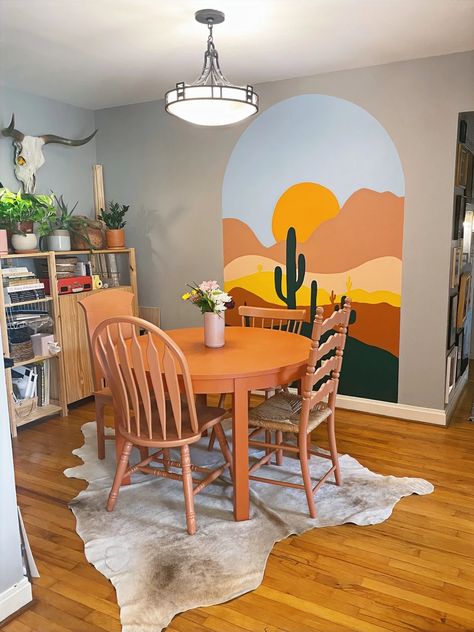 Serene Dining | Residential (Title) Cupboard Painting Ideas, Cactus Mural, Cupboard Painting, Texas Style Homes, Austin Murals, Landscape Mural, Wall Murals Diy, Cactus Painting, Bedroom Murals