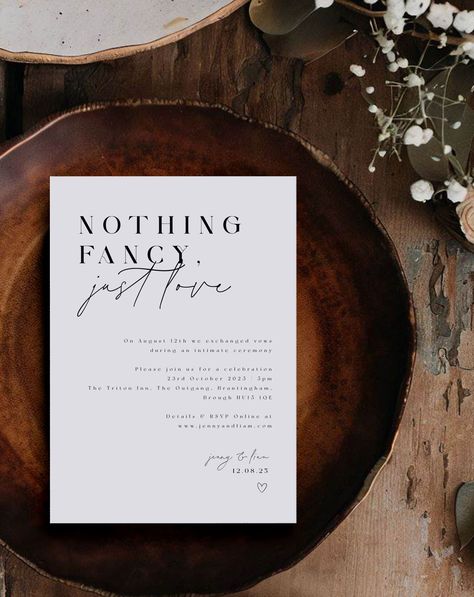 Celebrate your love story with simplicity and charm! Our Rustic Elopement Reception Invitation, featuring the heartfelt message "Nothing Fancy, Just Love," is the perfect way to invite your loved ones to join in your post-elopement celebration. What's Included: 1 x Wedding Invitation 1 x Envelope (not included with sample) 🌿 PRODUCT DETAILS 🌿 Size: Available in various sizes Design: Minimalistic Text: Customisable Material: High-quality cardstock 350gsm Envelopes: Included (not with samples) ? Wedding Reception Invites, Reception Invites, Rustic Elopement, Simple Elopement, Nothing Fancy Just Love, Wedding Ceremony Invitations, Unique Elopement, Elopement Invitation, Elopement Reception