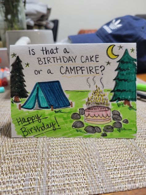 Campfire, cake, camping Creative Birthday Cards For Grandfather, Upcycling, Papa Birthday Cards From Grandkids, Funny Cards For Grandpa Birthday, Cute Birthday Cards For Grandpa Diy, Cute Funny Bday Cards, Happy Birthday Cards For Grandpa, Homemade Birthday Cards For Brother, Funny Grandpa Birthday Card