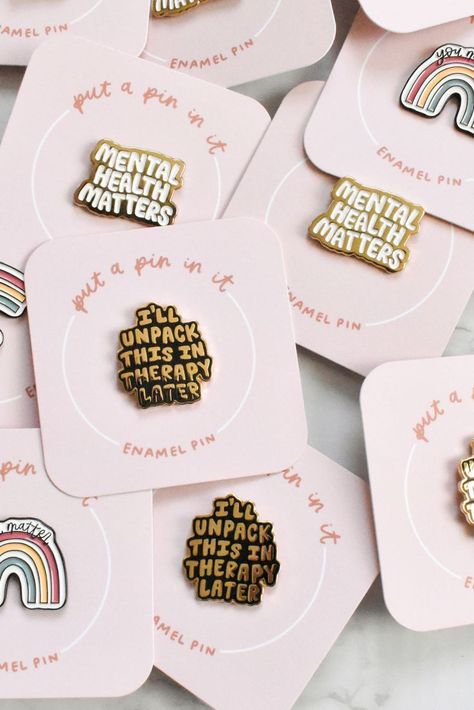 Dress up your backpack, lanyard and more with these enamel pins by KynYouBelieveIt. This collection of metal pins is filled with cute designs, funny quotes, and inspirational sayings, so there's sure to be a pin for every personality! #mentalhealth #youmatter #therapy Enamel Pin Packaging Ideas, Creative Merchandise Ideas, Pin Packaging Ideas, Enamel Pins Packaging, Brand Merch Ideas, Magnet Design Ideas, Badge Design Ideas, Pins Packaging, Magnet Packaging