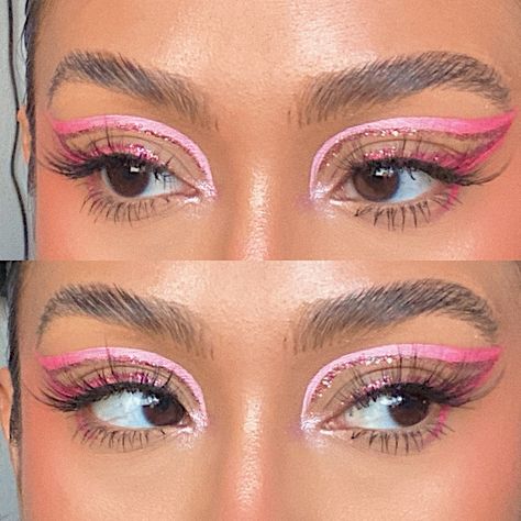 Rhinestone Makeup, Day Makeup Looks, Pink Eye Makeup, Graphic Makeup, Graphic Eyeliner, Graphic Liner, Dope Makeup, Colored Eyeliner, Creative Makeup Looks