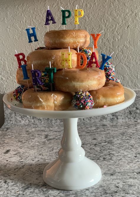 Donuts Happy Birthday, Old Birthday Cake, Donut Birthday Cake, Birthday Breakfast Party, Donut Tower, Donut Themed Birthday Party, Second Birthday Party, Cake Tower, Donut Cake