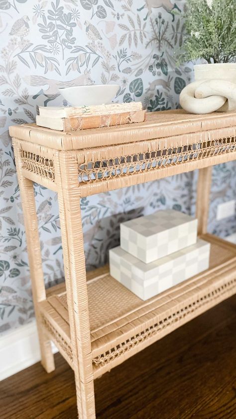 ravenwoodrestored on Instagram: How to update your outdated white wicker to look like rattan? ✔️Clean with Krudkutter ✔️Paint with @rustoleum khaki gloss spray paint .⁣… Rattan Entryway Table, Rattan Entryway, Spray Paint Wicker, Furniture Stripping, Entryway Table Ideas, Painting Wicker Furniture, Stripping Furniture, Wicker Dresser, Refinish Furniture